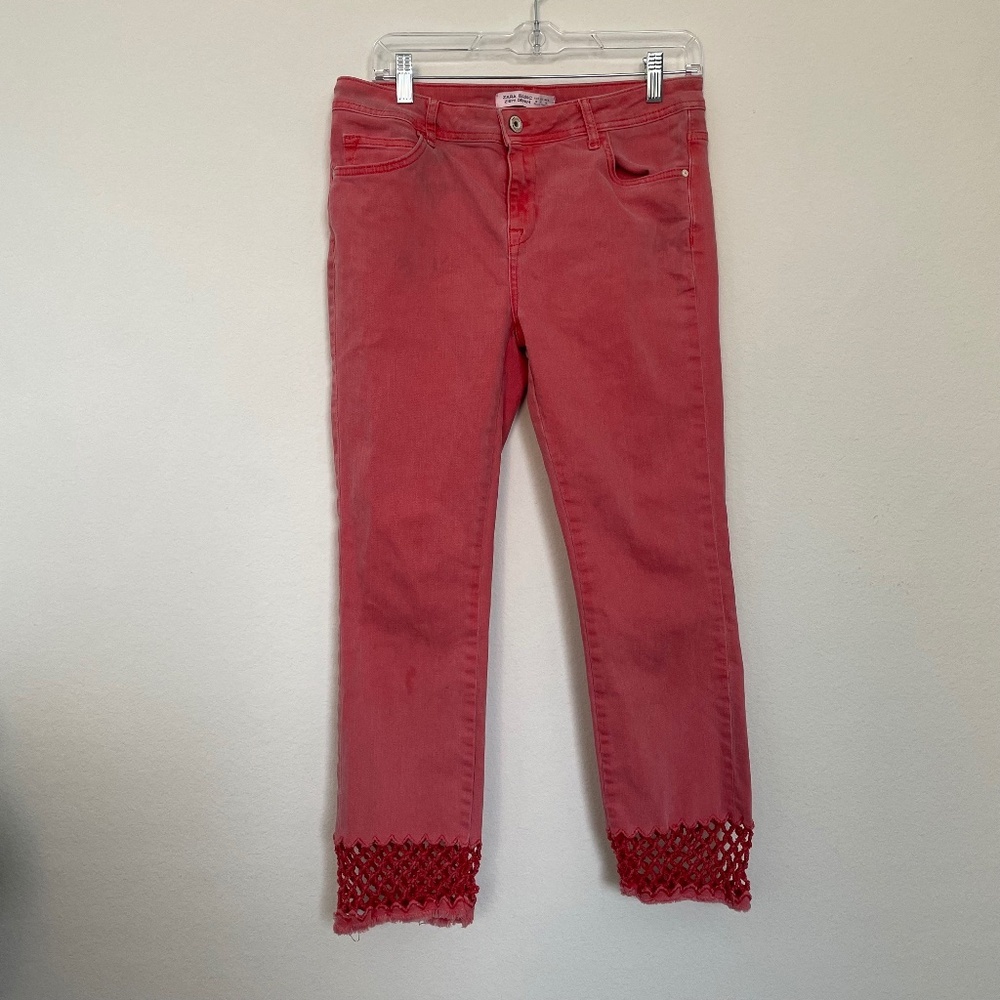 Zara Jeans Women's Size 6 Salmon Coral Straight Leg Crochet Detail Boho